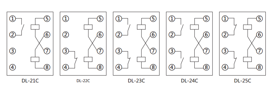 DL-25C系列電流繼電器內(nèi)部接線及外引接線（正視圖）