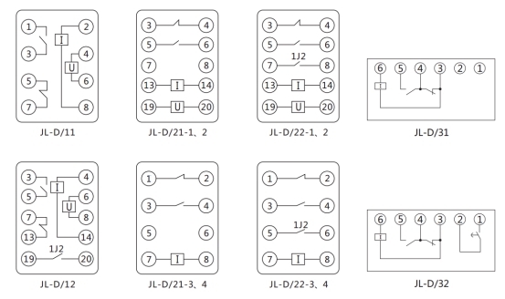 JL-D/22繼電器內(nèi)部接線(xiàn)及外引接線(xiàn)圖（正視圖）