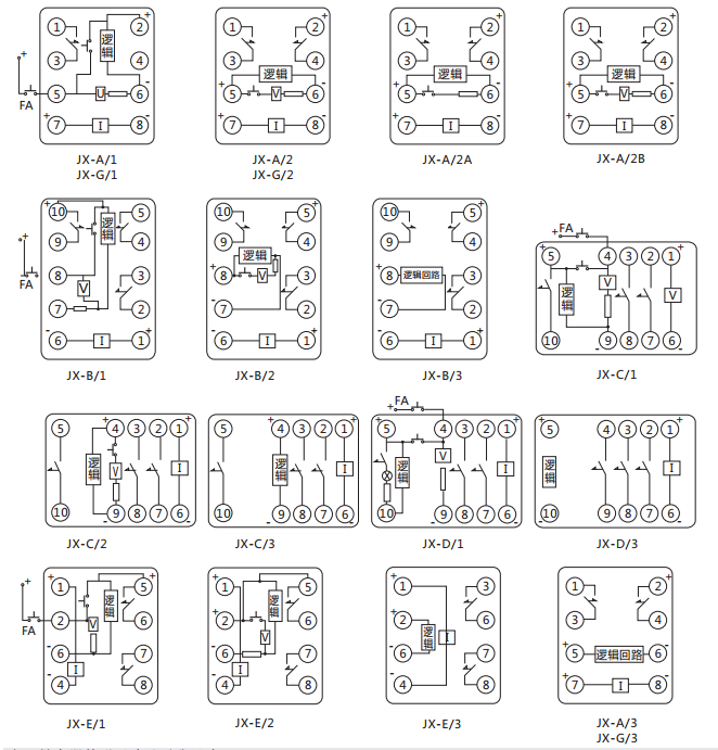 JX-E靜態(tài)信號繼電器內(nèi)部接線及外引接線圖（正視圖）