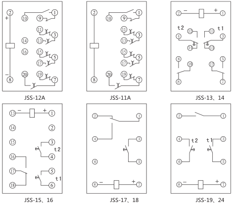 JSS-24時(shí)間繼電器背后接線圖及外引接線圖(背視圖)圖片