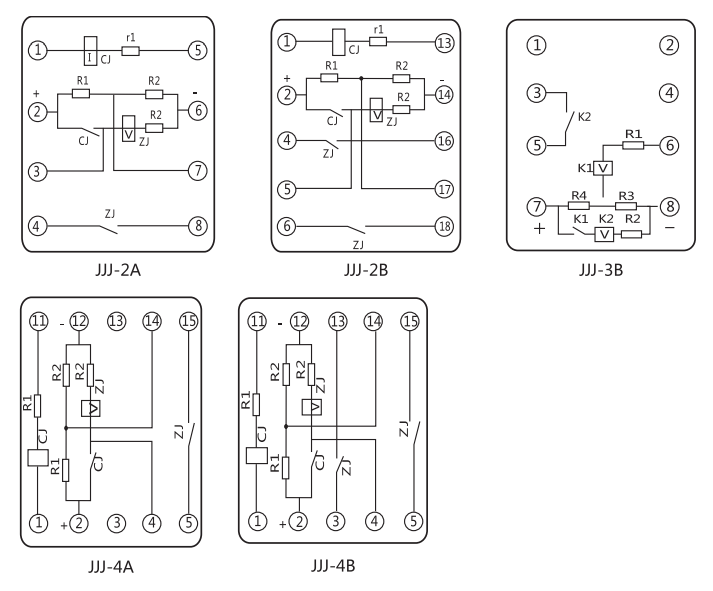 JJJ-2B直流絕緣監(jiān)視繼電器內(nèi)部端子外引接線圖