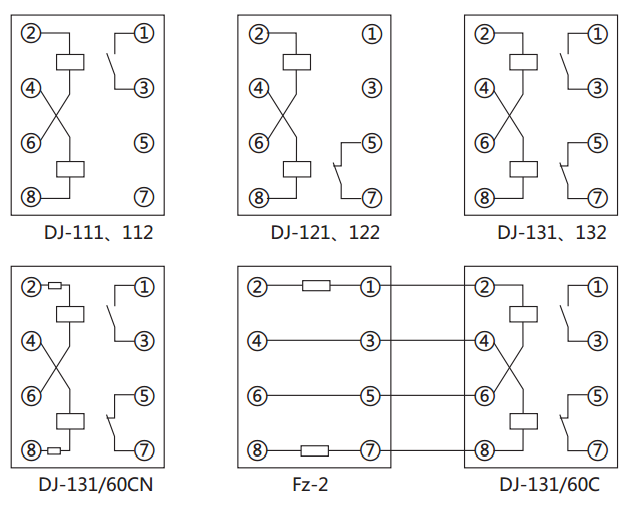 DJ-121電壓繼電器內(nèi)部接線(xiàn)及外引接線(xiàn)圖（正視圖）