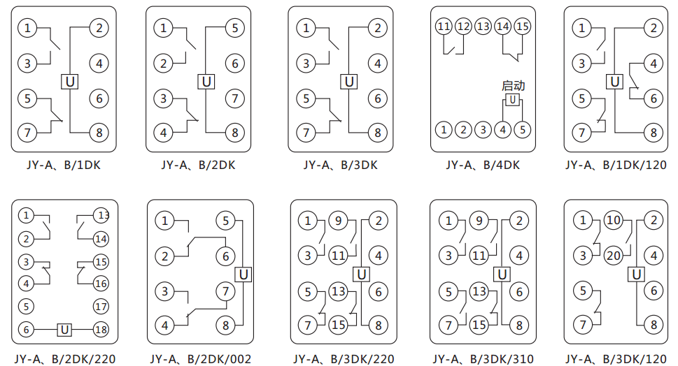 JY-A/1DK無(wú)輔源電壓繼電器內(nèi)部接線(xiàn)圖及外引接線(xiàn)圖（正視圖） 