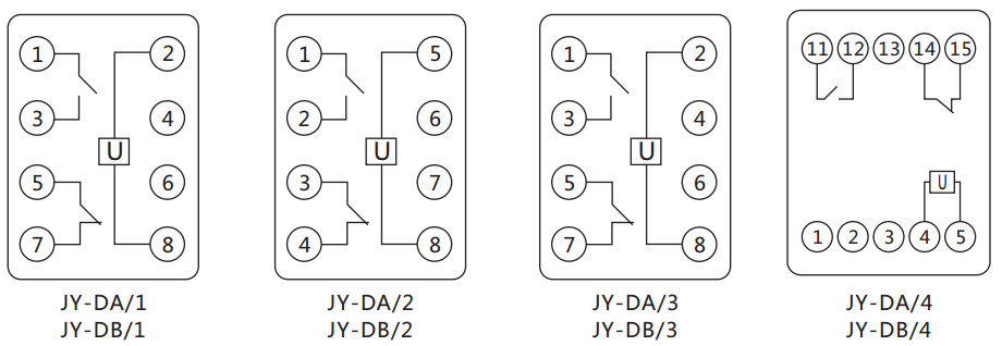 JY-DB/2集成電路直流電壓繼電器內(nèi)部接線圖及外引接線圖（正視圖）