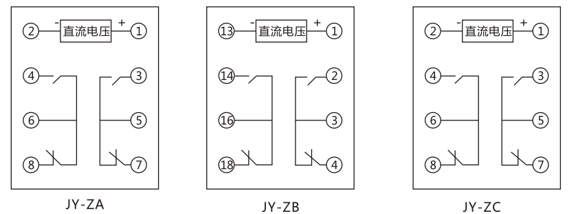 JY-ZC直流高低值電壓繼電器內(nèi)部接線及外引接線圖