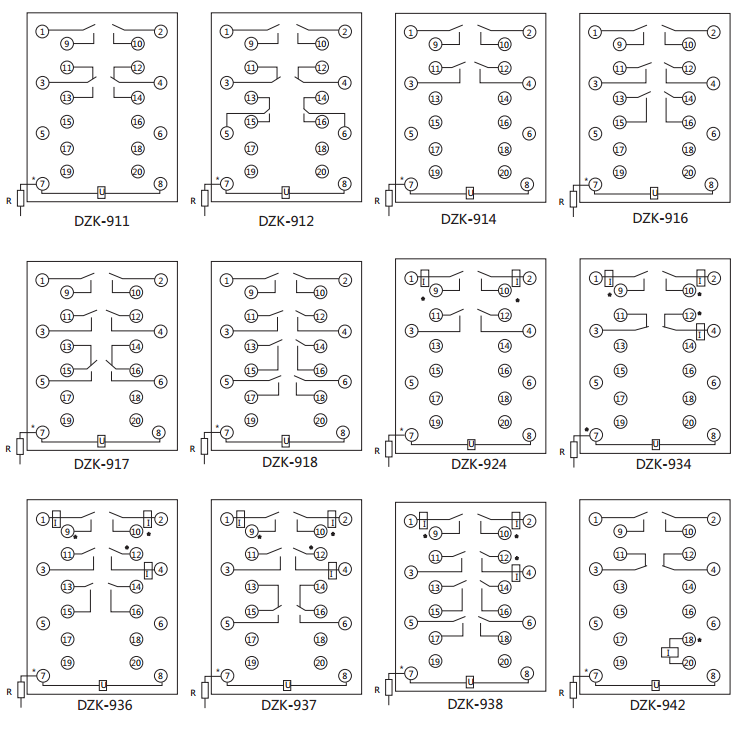 DZK-942快速中間繼電器內(nèi)線接線及外引接線圖(正視圖)