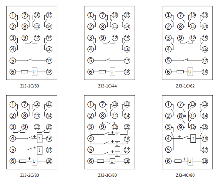 ZJ3-3C/80快速中間繼電器內(nèi)部接線(xiàn)圖及外引接線(xiàn)圖(正視圖)