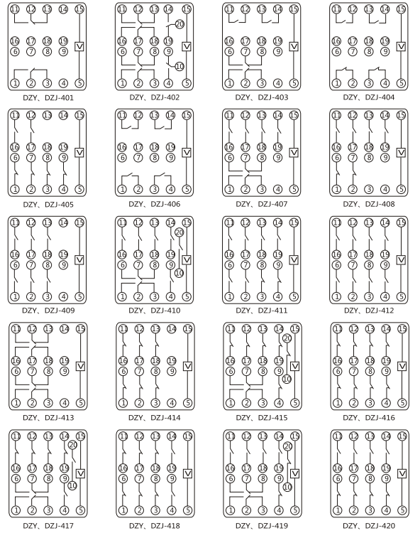 DZY（J)-415導軌式中間繼電器內(nèi)部端子外引接線圖(正視)